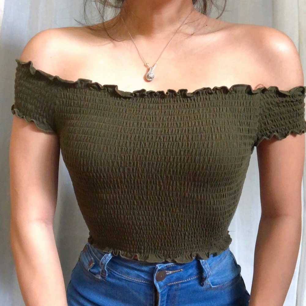 olive green off the shoulder ruched top